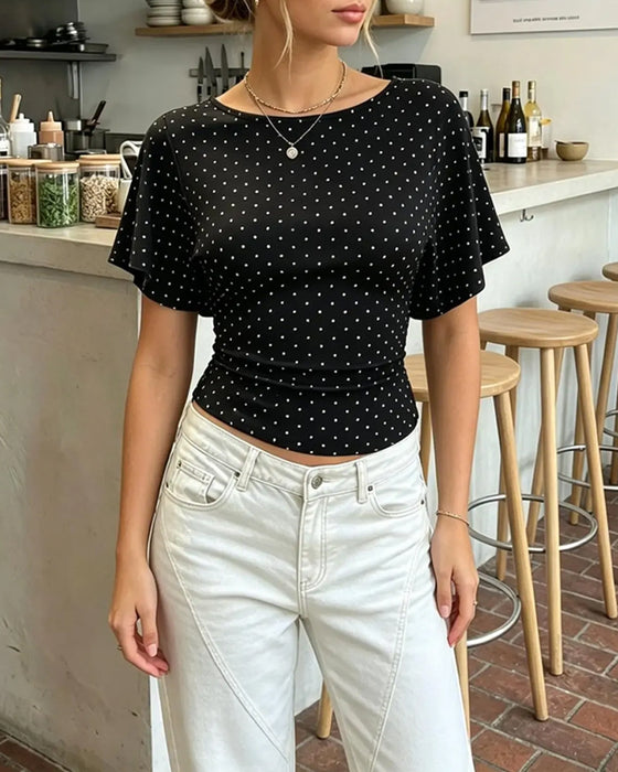 T-Shirt Prickig Midjeknyt Rund Hals Kort Ärm