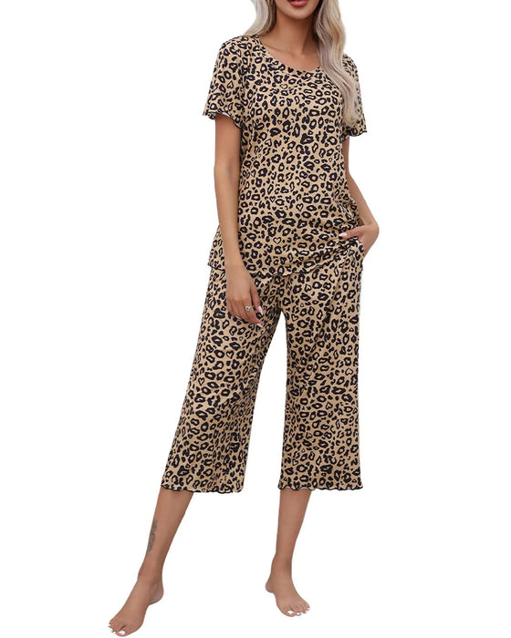 Set Rund Hals Leopard Tryck Kort Ärm Sju-Punkts Byxor