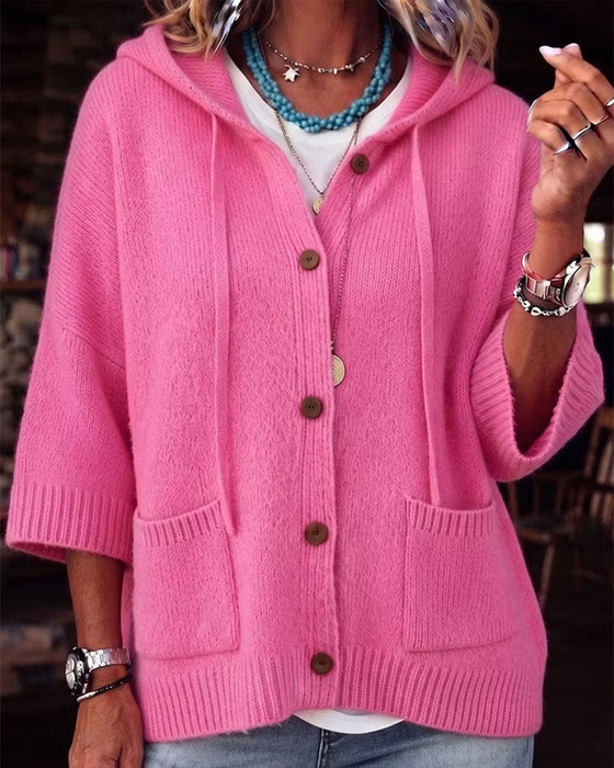 Cardigan Armbågslång Ärm Huvförsedd Enkelknäppt