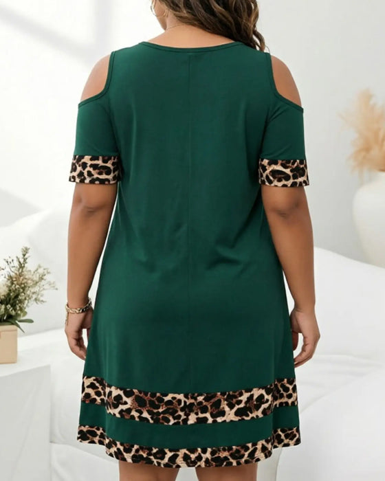Klänning Rund Hals Off-Shoulder Leopard Hjärta