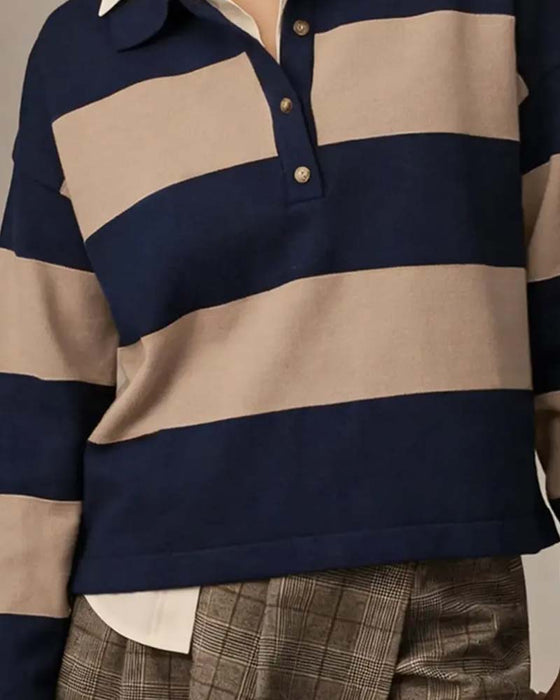 Pullover Med Bred Randig Knappad Krage