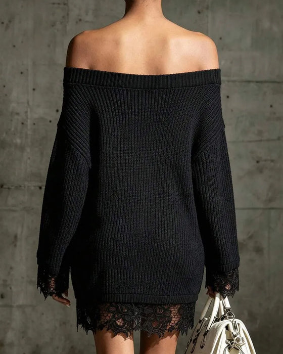 Tröjklänning Off-Shoulder Ribbad Spets Patchwork