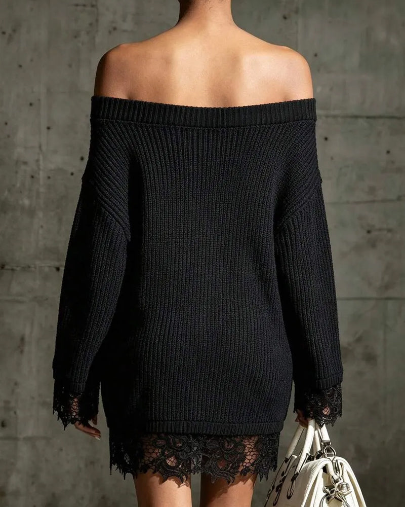 Tröjklänning Off-Shoulder Ribbad Spets Patchwork