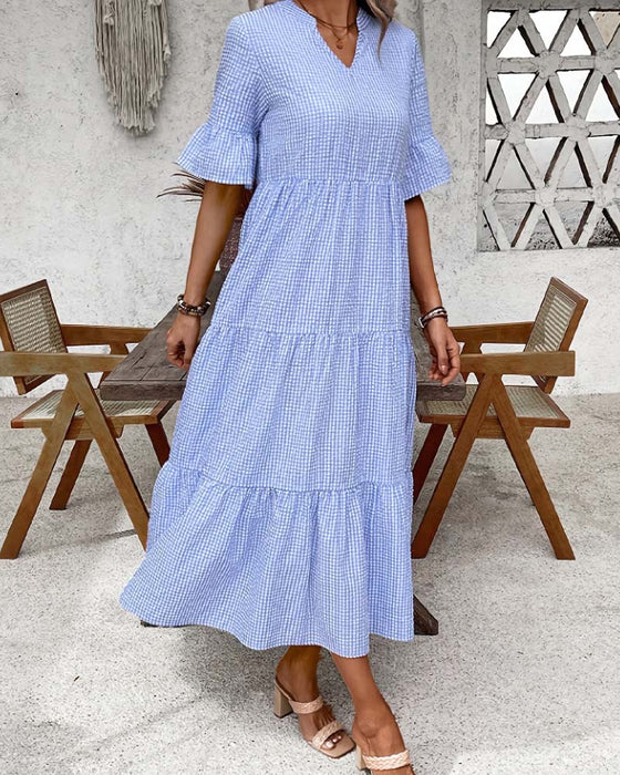 Kläning Blå Vit Gingham V-Hals