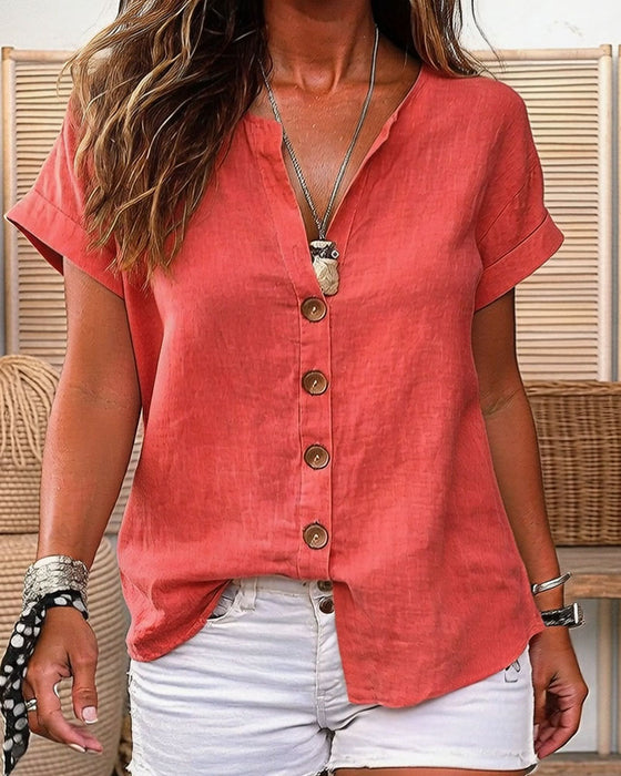Skjorta V-Hals Enkelknäppt Kort Ärm