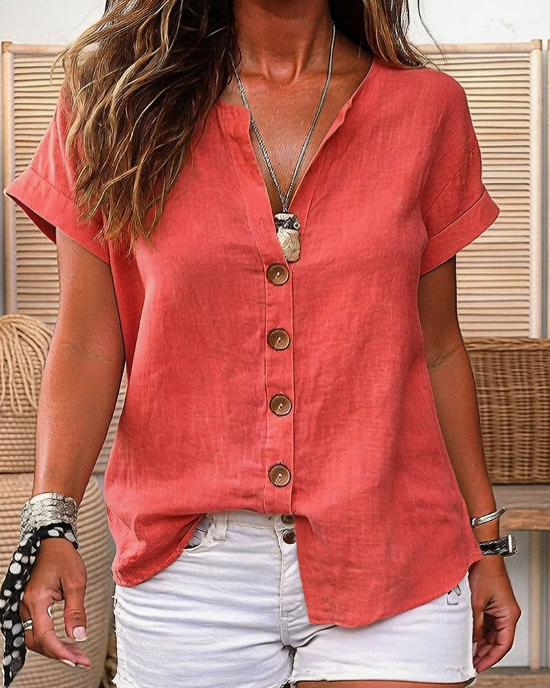 Skjorta V-Hals Enkelknäppt Kort Ärm