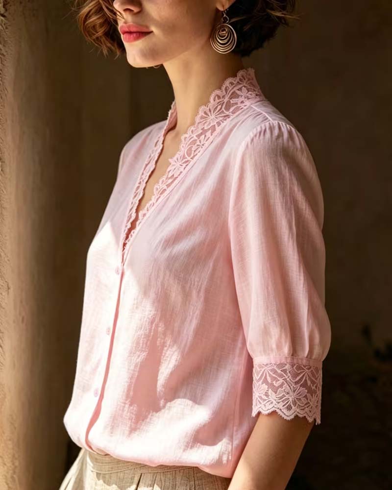 Blus V-Hals Spets Patchwork Solid Tretrekvart Ärm