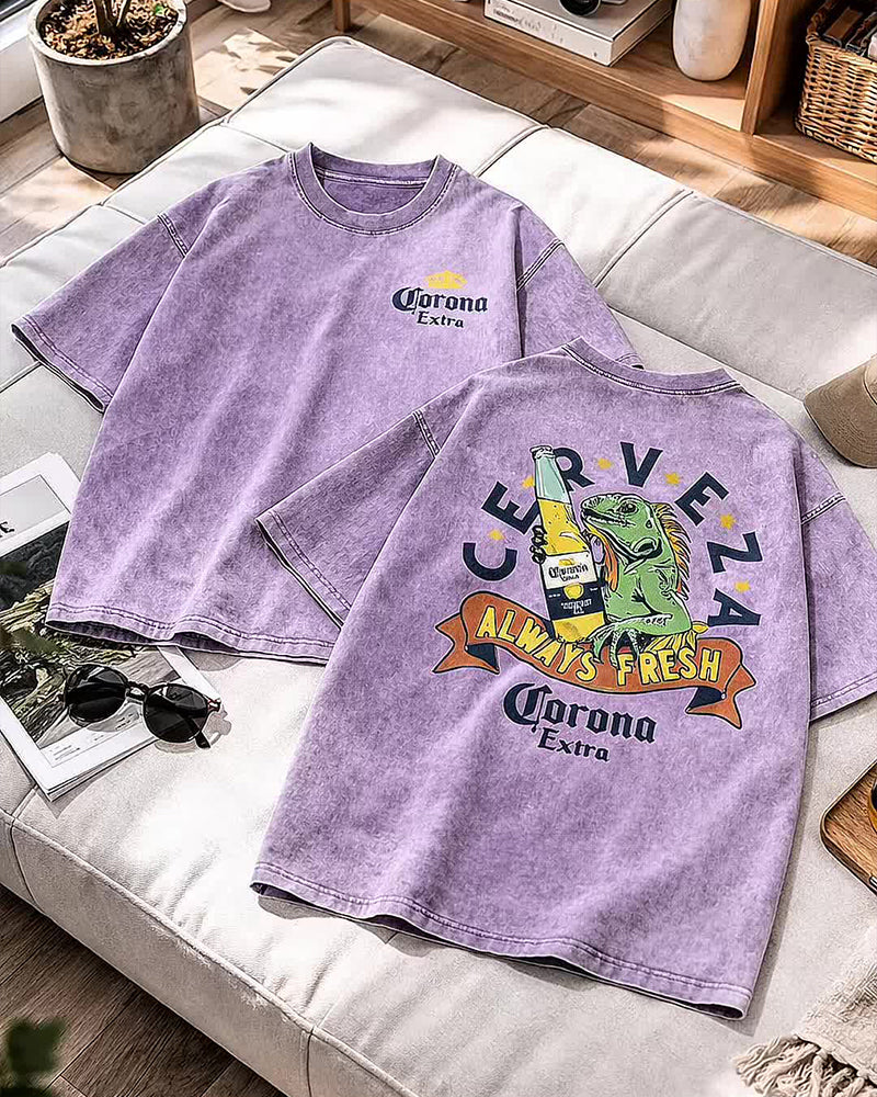 T-Shirt Vintage Nedsliten Tvättad Tryck