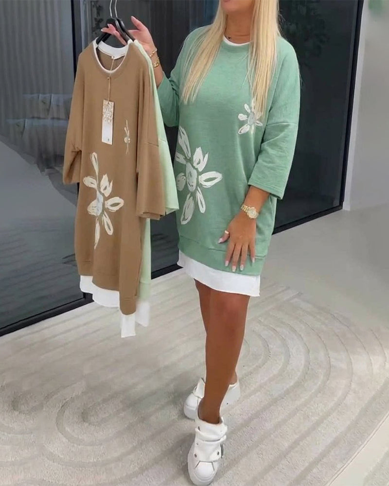 Sweatshirtklänning Rund Hals Tryckt Lappverk