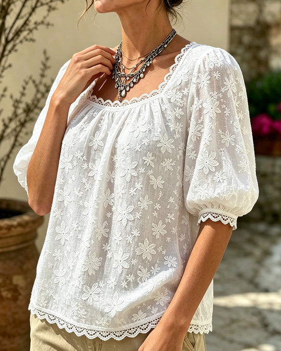 Blus Med Fyrkantig Hals Puffärmad Jacquard