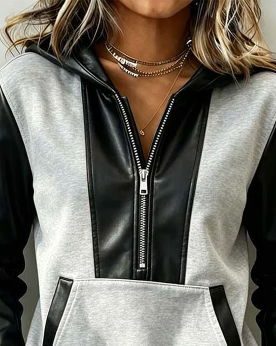 Hoodie Dragkedja Ficka Patchwork