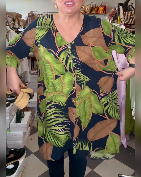 Lös Klänning Med Lövtryck Och V-Ringning