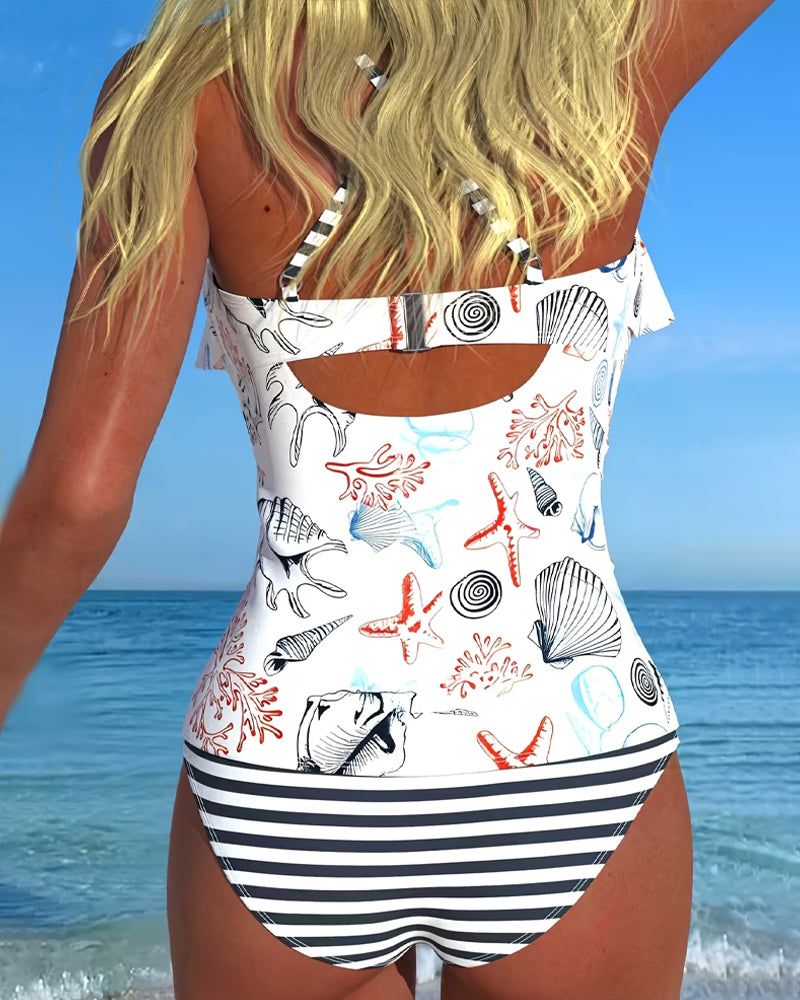 Ett Stycke Baddräkt Volang Randigt Tryck