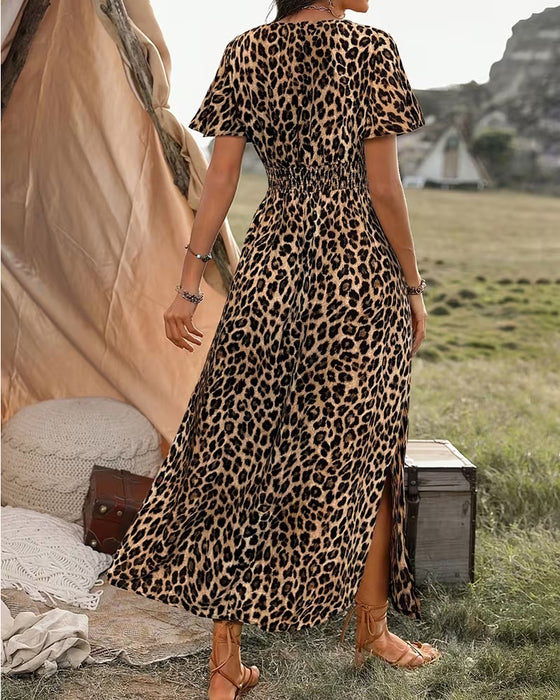 Klänning Leopard V-Hals Elastisk Midja A-Linje