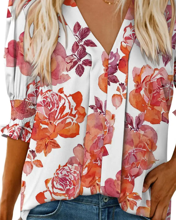 Blus Elegant Småblommigt Mönster