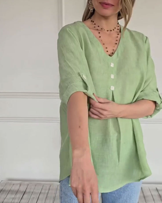 Topp Enfärgad V-Ringad Lös Casual