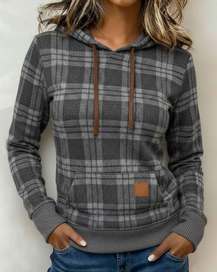 Casual Långärmad Hoodie Med Rutigt Mönster