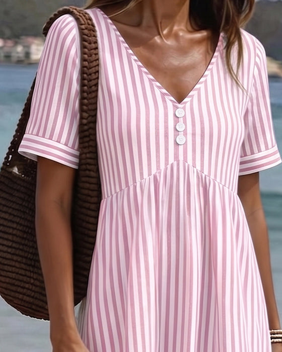 Klänning Vertikal Rand Babydoll V Hals A Linje