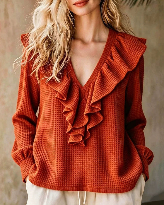 Blus Våffelstickad V-Hals Ruffle