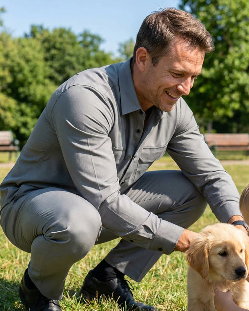 Herr 2-Delad Enfärgad Promenaddräkt - Lös Passform, Skrynkelbeständig, Snygg