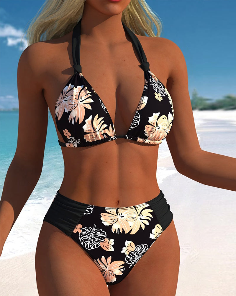 Bikini Tropisk Blommig Halsringning Tvådelad