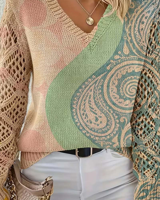 Pullover Färgblock Urholkning V-Hals Stickad