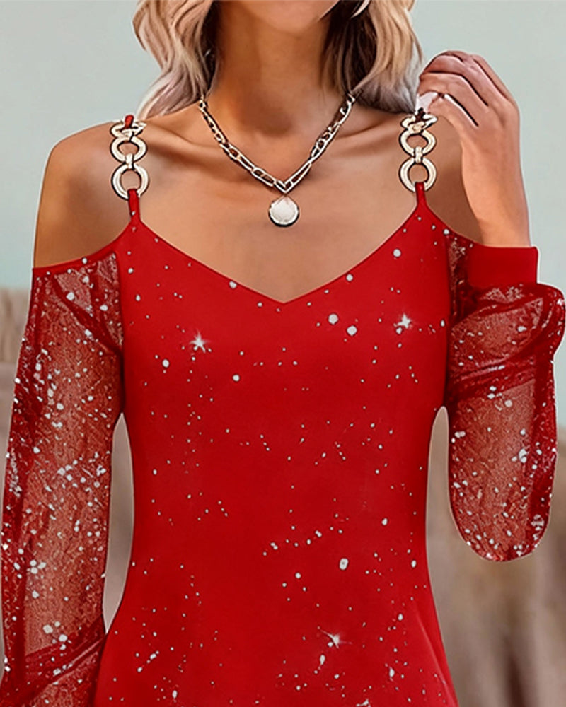 Klänning Med Axelband Nätinslag Långärmad