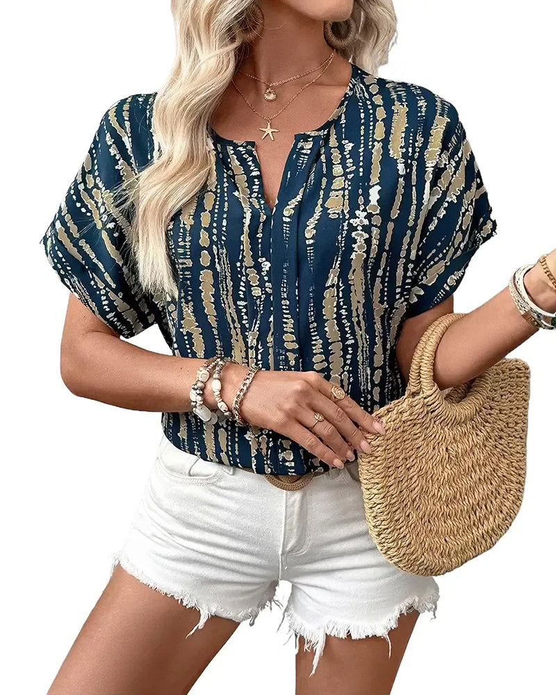 Blus Tie-Dye Vertikal Rand Mönster Kortärmad