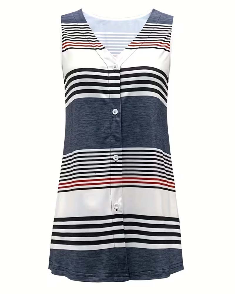 Linne Randig Ärmlös V-Hals