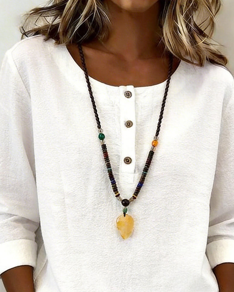 Blus Rund Halsringning Knäppning Lång Ärm