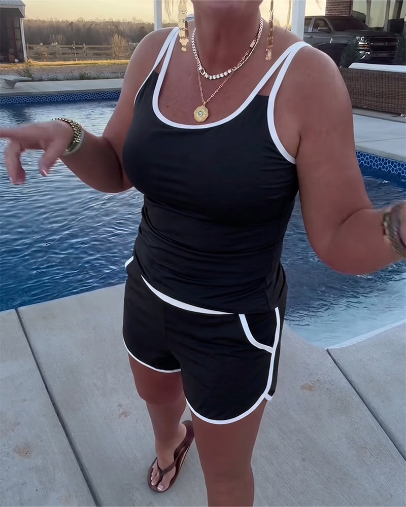 Tankini Med Färgkontrast Kantband Och Detaljer