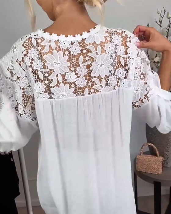 Blus Rund Hals Spets Lapptäcke Blommig