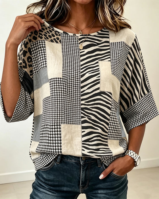 Blus Rundhalsad Lapptäcke Rutig Leopard