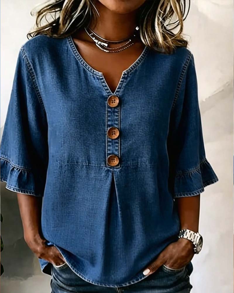 Blus V-ringning Utsvängd Ärm Denim