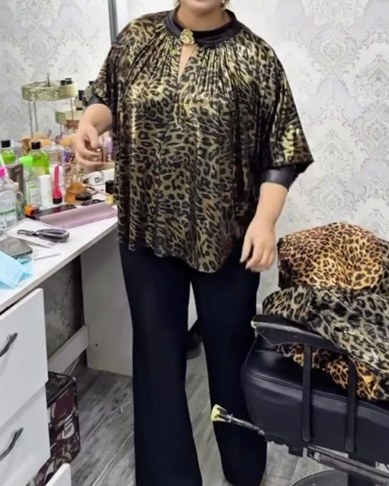 Blus Stilfull Löst Sittande Leopardtryck Crewringning