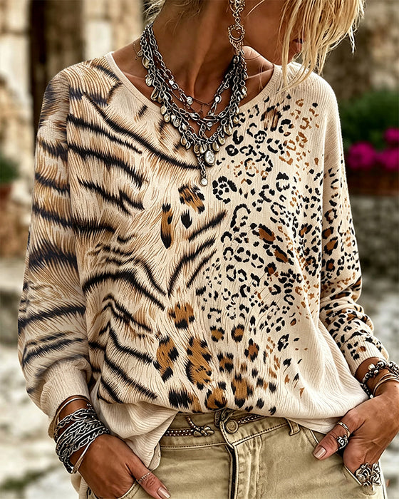 Blus Rundhalsad Leopard Lång Ärm