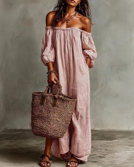 Klänning Löst Off-Shoulder Randig