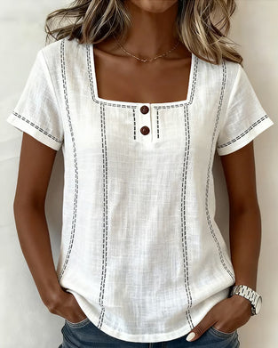 Blus Liten Fyrkantig Hals Solid Knapp