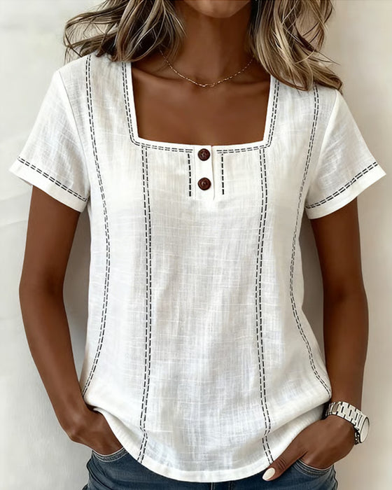 Blus Liten Fyrkantig Hals Solid Knapp