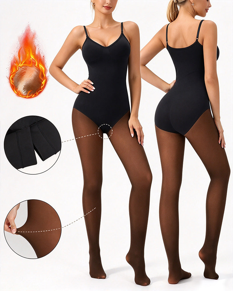 Genomskinlig Panel Med Fleecefodrade Tights Stay-Warm Magkontroll Sheer Effekt Tights Bodysuit Svart Basic