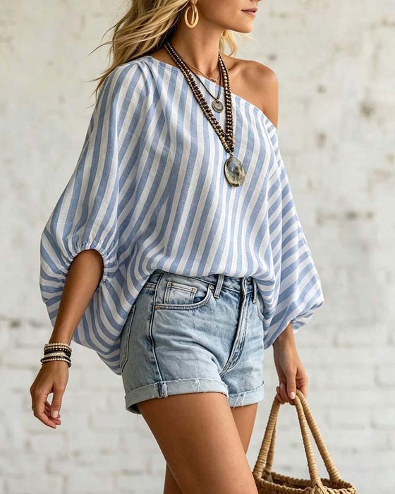 Blus Asymmetrisk Hals Rand Puffärm