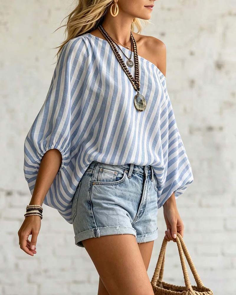 Blus Asymmetrisk Hals Rand Puffärm