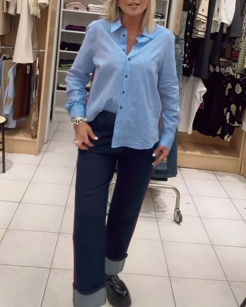 Skjorta Krage Lång Ärm Knäppning