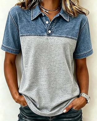 Blus Kort Ärm Skjorta Krage Denim Patchwork