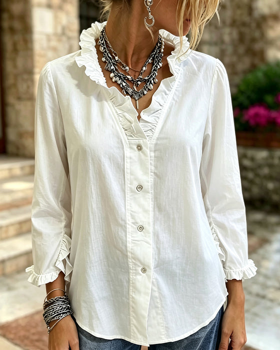 Blus Ruffle Trim Knapp Solid Lång Ärm