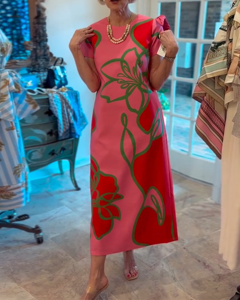 Klänning Färgblockerad Blommönstrad Rak