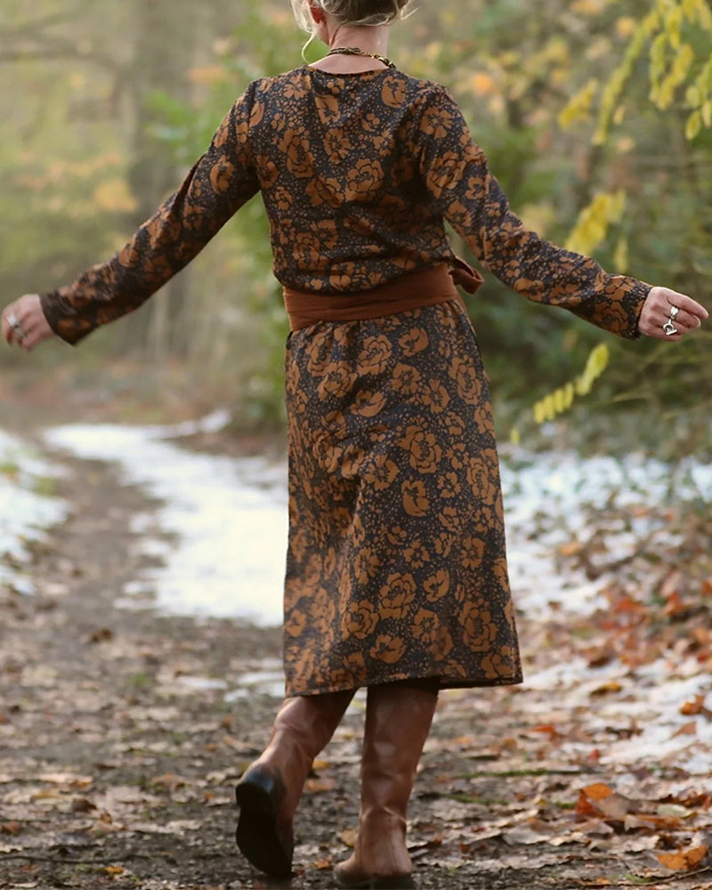 Klänning Blommigt Mönster Rund Hals Lös Passform