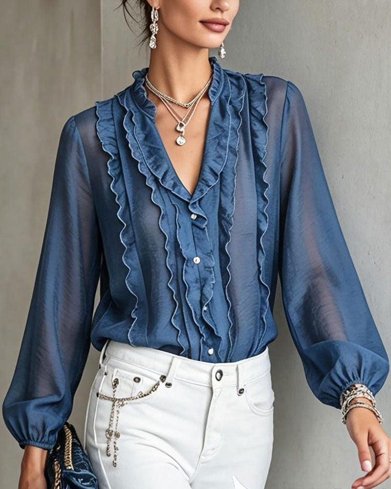 Blus V-Hals Knapp Ruffle
