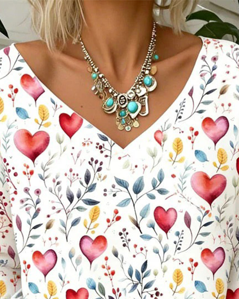 Topp Hjärta Växt Tryck V-Hals