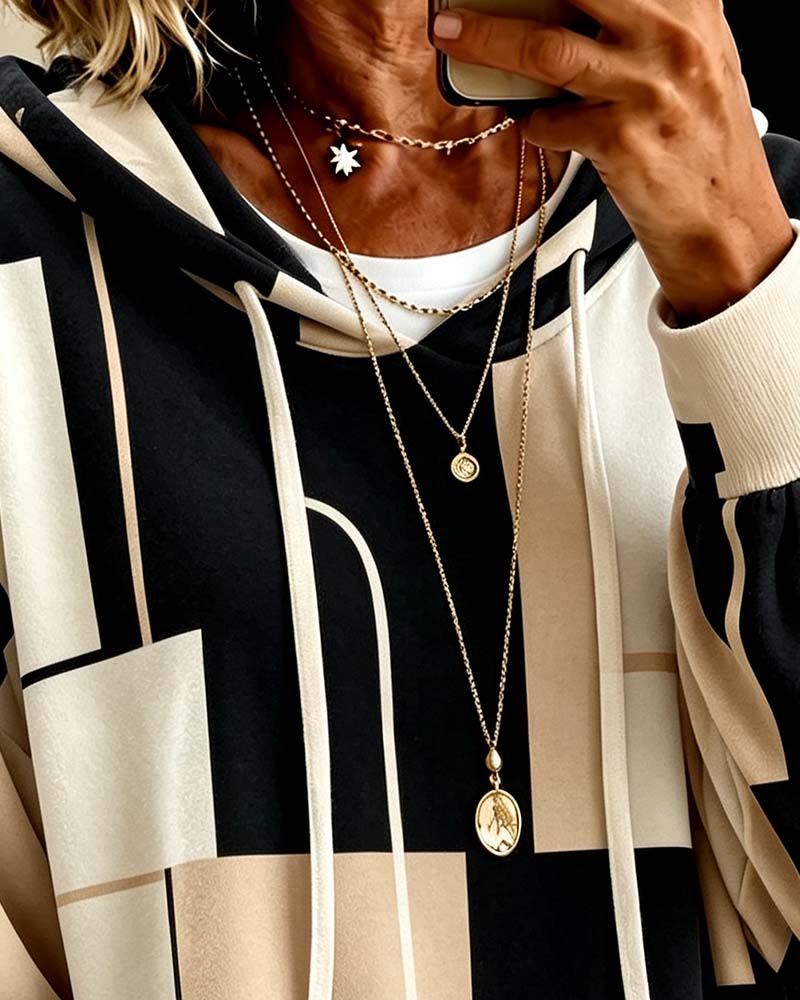 Sweatshirt Geometriskt Print Färgblock Dragsko